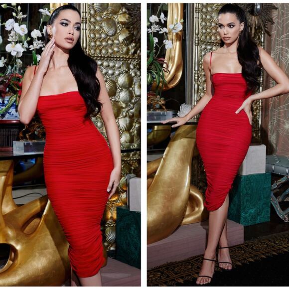 HOUSE OF CB Sirene Gathered Ruched Organza Mesh Midi Dress Red Sz S {NN20} - Picture 1 of 8